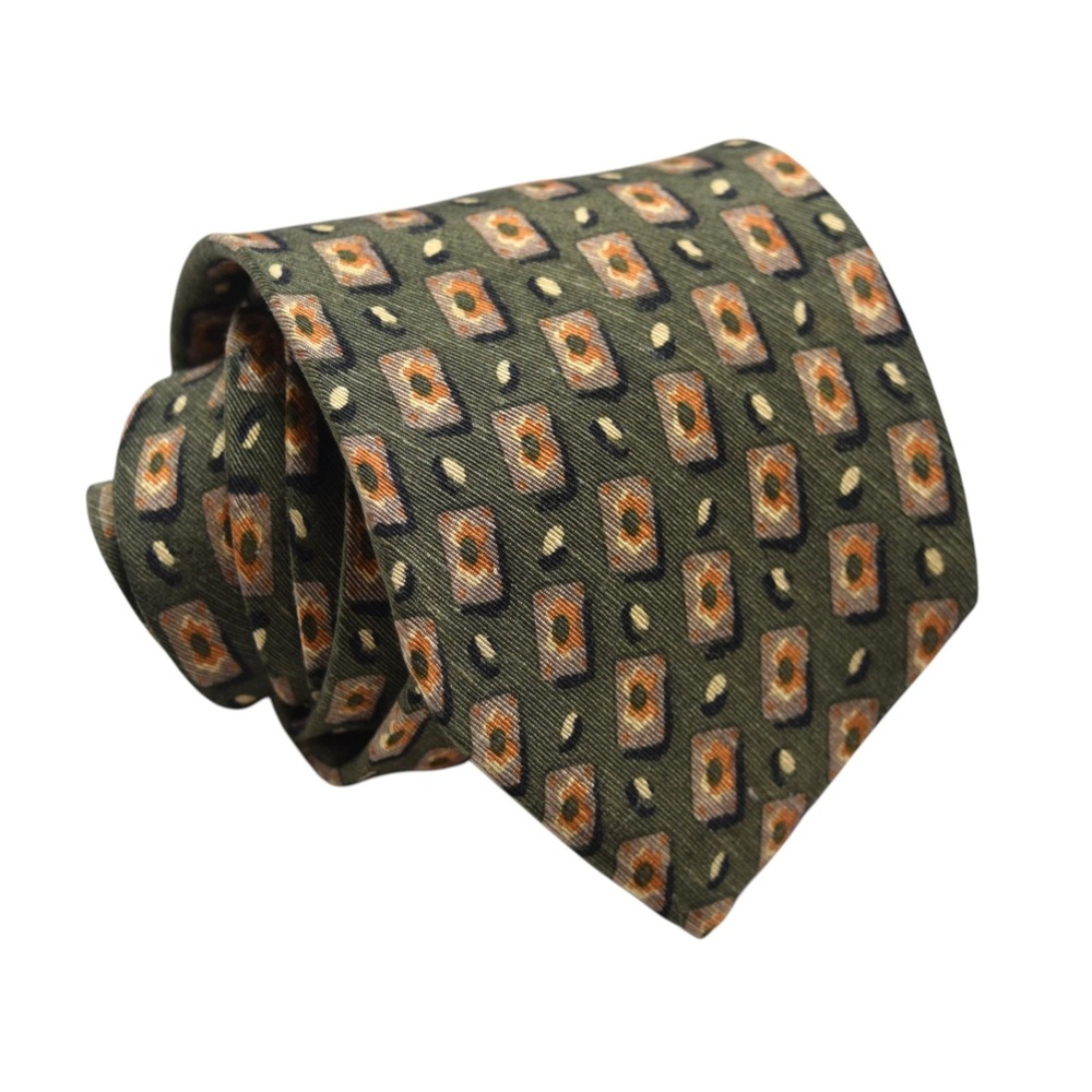 Brooks Brothers Makers VTG Silk Tie Olive Green Orange Medallion Geometric USA